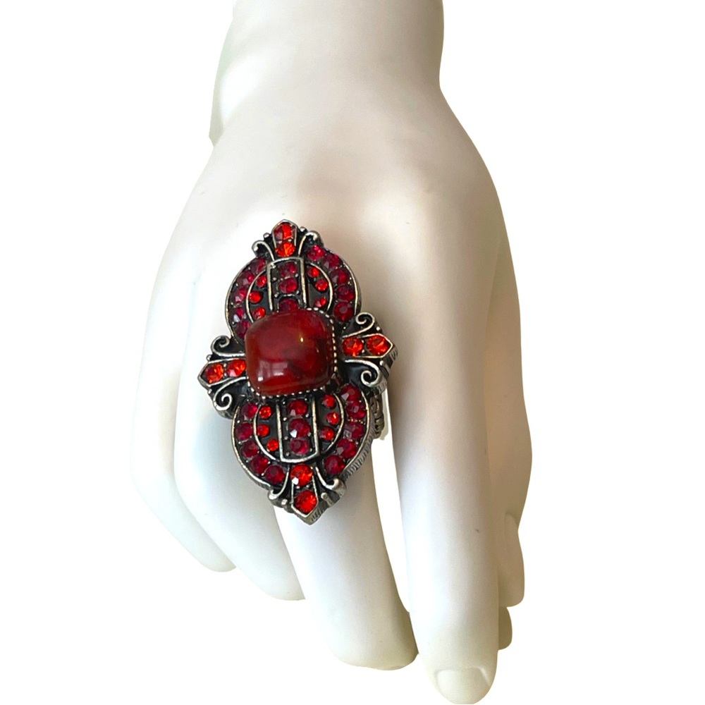 Antique Style Large Statement  Cross Ring With Stretchy Adjustable Band Red